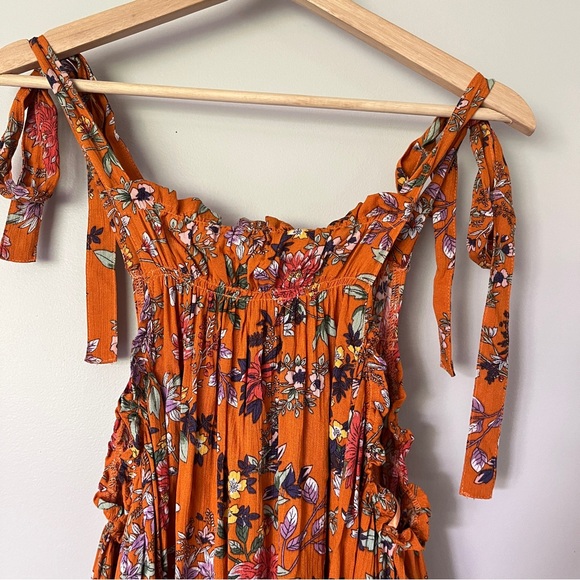 Easel Dress Size Medium Orange Floral Sundress Tie Straps Flowy Boho - Picture 8 of 11